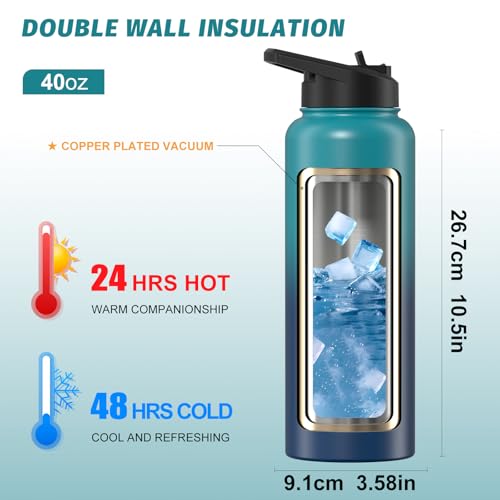 Image of 40oz Insulated Water Bottle (Cold for 48 Hrs),BPA Free&Leak Proof,Stainless Steel Water Flask,Water Jug with Straw Spout Lids for Gym,Hiking,Travel,Gradient Blue