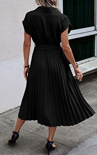 Image of ECOWISH Womens Casual Midi Dresses Solid V Neck Short Sleeve Button Shirt Belted Dress with Pockets for Spring Summer 2026