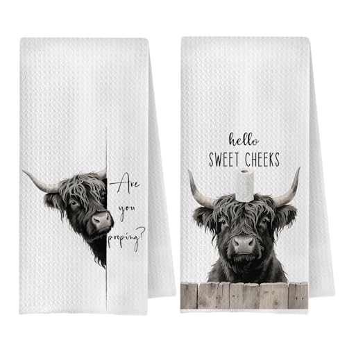 QWZDRHYJI Funny Farmhouse Highland Cow Bathroom Hand Towels, Hello Sweet Cheeks Bathroom Decor, are...