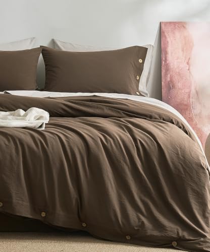 Image of JELLYMONI 100% Washed Cotton Brown Duvet Cover Full, Linen-Like | OEKO-TEX Certified, Soft, Breathable Percale Bedding with Natural Wrinkle Texture, Button Closure, 3-Piece Set, 80 inchx90 inch