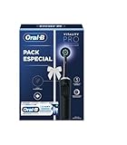 Oral-B Vitality Pro Cepillo de Dientes Eléctrico con Mango Recargable y 2 Cabezales, Base de Carga, 1 pasta dientes densify 75 ml. Pack Especial. Diseñado Por Braun, Regalos Originales - Negro