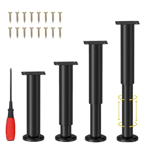 NCRGB 4 PCS Patas Pies Ajustables Pata de MeAjustable,Regulables con 16 Kit Destornillador y Tornillos,para Armarios Mesillas de Noche Camas Escritorios Cómoda Estantería (Negro, 25-43 cm)