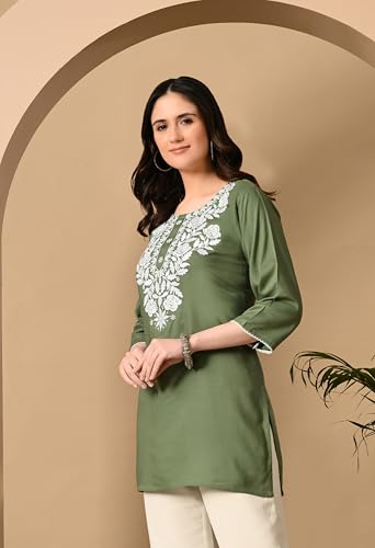 Image of LIBOZA Kurti for Women - Short Chikankari Kurtis for Girls, Lakhnawi Tunic Top Kurta Design for Ladies, Woman Ethnic Kurthis & Shirt with Sleeve