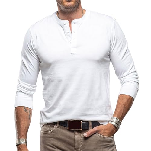Tee Shirt Homme Manches Longues Chemise à Col Tunisien à Manches Longues Coupe Classique Décontracté Automne Printemps T-Shirt pour Homme avec Boutons...