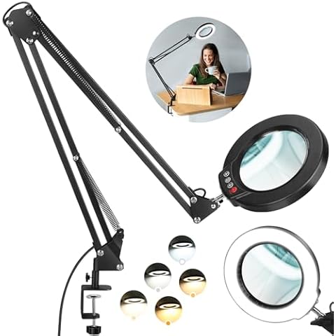 10X Large Magnifying Glass with Light and Stand, KRSTLV 2 x 16 Inch Adjustable Swivel Arm LED Desk Lamp with Clamp, 5 Color Modes Stepless Dimmable, Lighted Magnifier Hands Free for Close Work, Hobby Cover