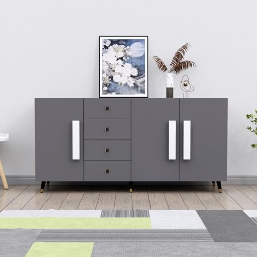 Image of Bniture Storage Cabinet Wooden for Living Room Sideboard with 4 Drawer and 3 Door | Multipurpose Storage Organizer Chest of Drawer Cabinet for Home Hallway Drawing Room Bedroom Kitchen | Slate Grey