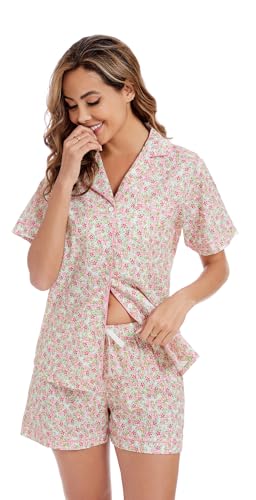 Image of LUBOT 100% Cotton Pajamas for Women 2 Piece PJ Set Poplin Woven Lightweight Ladies Button Short Sleeve Sleepwear S-XXL
