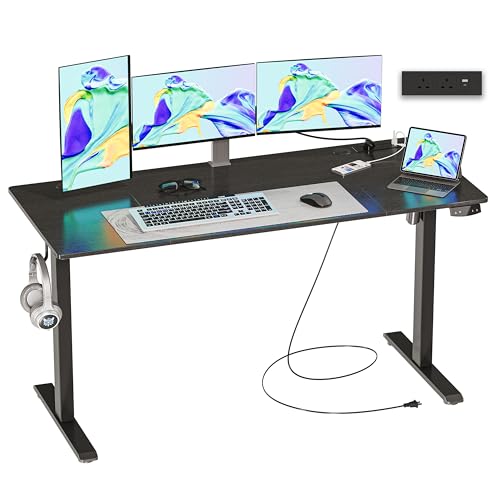 JOISCOPE Height-Adjustable Desk, Memory Height, Standing Desk, with Outlets and USB & Tpye-C and Side Hook, Ideal for Office Desk and Home Desk, 140 x 60 cm, Black