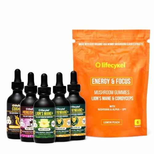 Life Cykel Premium Mushroom Extract Liquid Bundle Lions Mane Cordyceps Reishi Chaga Turkey Tail & Shiitake (1oz Each) with Included Energy Gummies (10-Count) for Vitality & Mental Clarity