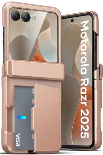 ATATOO for Motorola Razr 2025 Case with Card Holder (Store 3 Cards) & Hinge Protection & HD Screen Protector, Military Grade Protection, Heavy Duty Protective Wallet Case for Razr 2025, Rose Gold