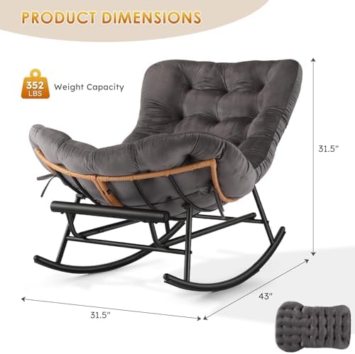 Papasan Rocking Chair, Oversized Lounge Egg Chairs with Thick Removable Cushion, 350 Lbs Comfy Patio Rocker for Balcony, Porch, Garden, Lawn, Living Room, Grey - 1