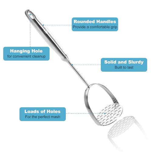 Potato Masher Stainless Steel - Mashed Potato Masher Kitchen Tool,Potato Smasher for Avocado, Tomato, Fruit & Vegetables, Pet Food, Heavy Duty Metal Bean Masher Utensil, Dishwasher Safe, 12.5-Inch