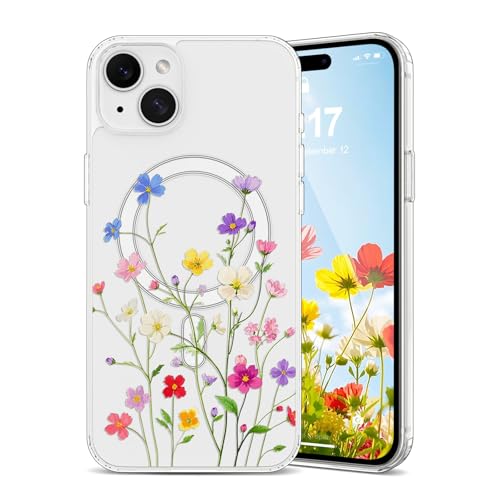 EYZUTAK Magnetic for iPhone 13/iPhone 14 Case Flower Case Compatible with MagSafe, Pretty Floral Stylish Aesthetic Phone Cover Slim Clear Anti-Yellowing Protective Cover for Girls Women - Flower Vines