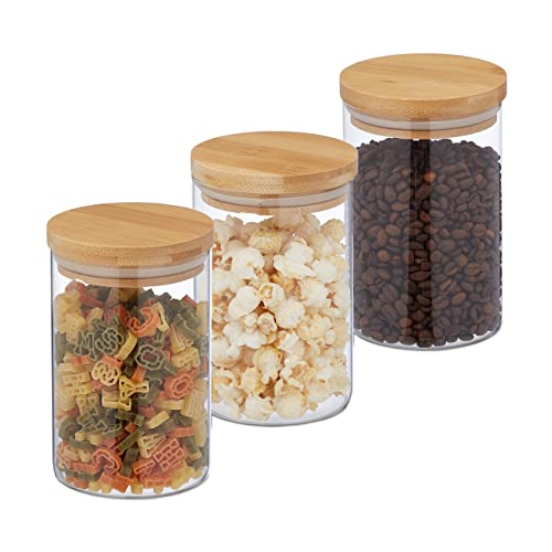 Relaxdays Botes Cristal 800 ml, Set 3, Recipientes Cocina Redondos, Tapa Bambú, Tarros Herméticos, Transparente/Natural