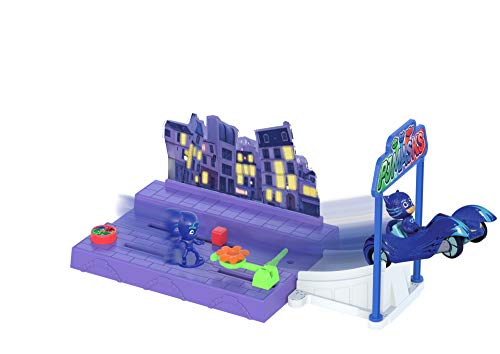 Dickie Toys PJ Masks nachtmissie, speelset met verschillende functies, launcher, licht, springschans, katapult, incl. Cat-Car, batterijen inbegrepen, vanaf 3 jaar