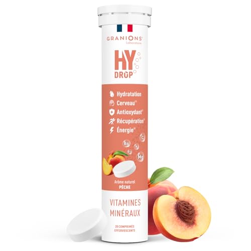 GRANIONS HYDROP - Pastilles Hydratation - Pêche - SANS SUCRES - Fabriqué en France - Electrolytes Hydratation - Vitamines, Minéraux, Magnesium - Pastille Hydratation - 20 Pastilles Effervescentes