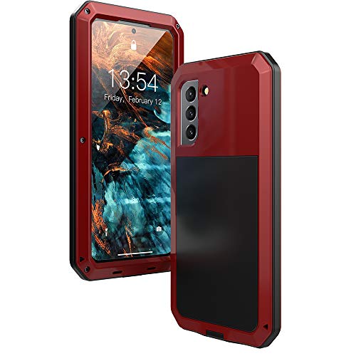 Lustam Samsung Galaxy S21 Fe Metal Case, Heavy Duty Rugged Shockproof Aluminum Case With Built In Screen Protector, 360 Full Body Protective Rubber Bumper Cover For Galaxy S21 Fe 6.4 Inch, Red #TOP7