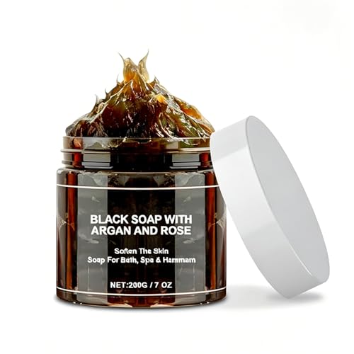 Schwarze Seife 200g - Marokkanische Schwarze Seife Moroccan Black Soap für Marokko Körperpeeling & Tiefenreinigung Sanfte Exfoliation Reinigungsseife - Natürliche Seife für Männer & Frauen