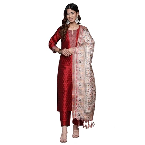Image of Varanga Women Embroidered Straight Kurta Pant Set with Dupatta | Silk Blend Fabric | 3 /4 Sleeve Round Neck | Lightweight Comfortable Summer Wear