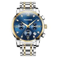 PINDOWS Mens Watches Retro Two Tone Stainless Steel Luxury Quartz Date