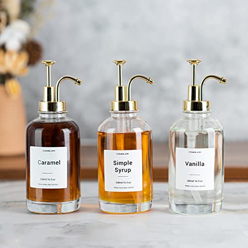 Combler Coffee Syrup Dispenser For Coffee Bar Accessories, 16.9Oz 500Ml Syrup Bottles 2Pcs Set, Glass Syrup Dispenser W. Gold Pumps And Labels, Coffee Accessories For Cinnamon, Vanilla, Caramel, Gifts #TOP7