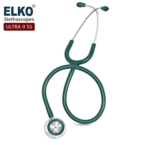 Image of ELKO EL-140 ULTRA II SS Stainless Steel Acoustic Stethoscope | For Doctors, Medical Students & Healthcare Professionals | Dual Head Chestpiece | 5.5mm Brass Pipe Frame | U-Shaped PVC Tubing (Green)