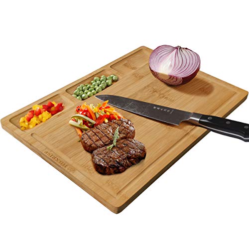 HHXRISE Organic Bamboo Cutting Board, With 3 Built-In Compartments And Juice Grooves, Chopping