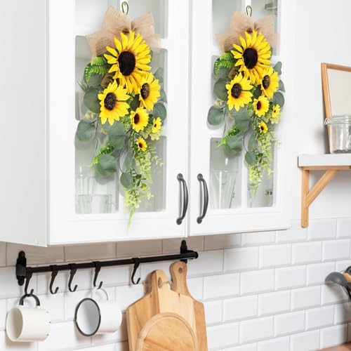 24in Artificial Sunflowers Teardrop Swag Spring Summer Sunflowers Floral Swag Wreath with Burlap Bow Fake Yellow Sunflower Garland for Front Door Indoor Outdoor Window Home Decor - Thumbnail 5
