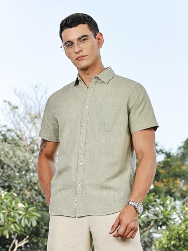 Image of Thomas Scott Men's | Solid | Linen Blend | Slim Fit | Short Sleeve | Spread Collar | Casual |Shirts for Men