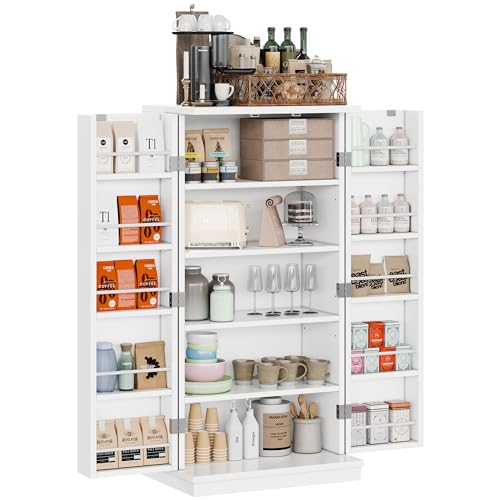 Shintenchi-47-Pantry-Cabinet-Kitchen-Storage-Cabinet-with-Adjustable-Shelves-Racks-and-Doors-Freestanding-Kitchen-Hutch-Cupboard-Buffet-Sideboard-for-Living-Room-White Shintenchi 47 Pantry Cabinet Kitchen Storage Cabinet with Adjustable Shelves Racks and Doors Freestanding Kitchen Hutch Cupboard Buffet Sideboard for Living Room White