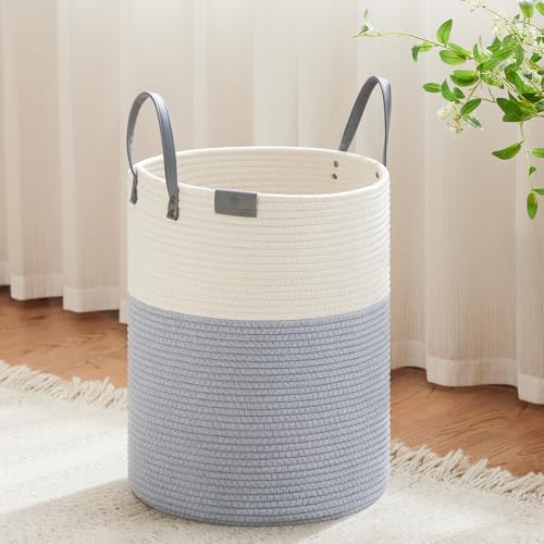 Image of VIPOSCO 53L Tall Woven Rope Laundry Hamper, Leather Handles, Grey & White | Large Wicker Laundry Basket for Dirty Clothes, Blanket, Toy, Towel, Yoga Mat, Storage Bin in Bedroom, Bathroom, Living Room