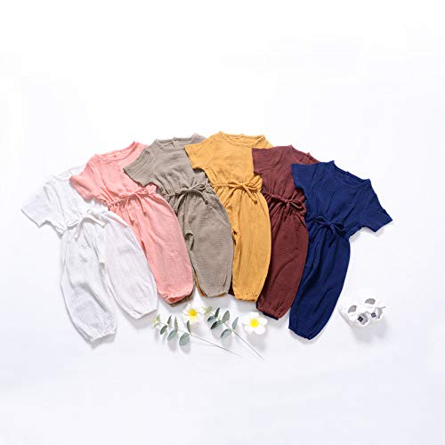 Mubineo Toddler Baby Girl Summer Fall Basic Plain Short Sleeve Cotton Linen Drawstring Romper Jumpsuit (Peach Pink, 3-4T) #TOP1