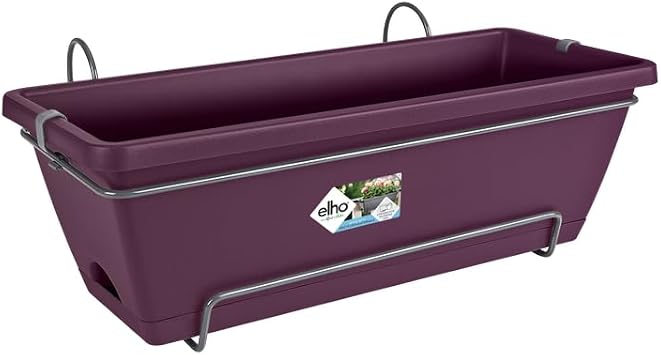 elho Barcelona Allin1 50 Balcony Planter - with Saucer and Hanging rack - 100% Recycled Plastic - 49.5 x H 18.5 cm - Purple/Maple Purple | L 27.5 x W 49.5 x H 18.5 cm, Integrated Saucer, 100% Recycled Plastic
