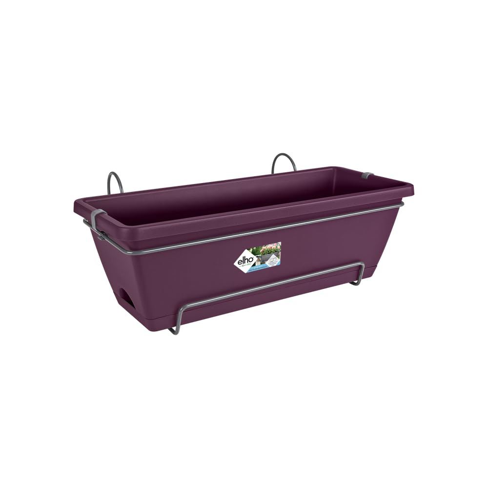 elho Barcelona Allin1 50 Balcony Planter - with Saucer and Hanging rack - 100% Recycled Plastic - Ø 49.5 x H 18.5 cm - Purple/Maple Purple