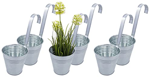 Monster24 6er Set Hängetopf Blumentopf Blumenübertopf Pflanztopf Kräutertopf mit Haken Silber Zink Durchmesser 13 cm/9 cm x Höhe 13 cm/29.5 cm für Balkon Terrasse Gartenzaun Gartenhaus Vase etc Cover