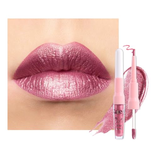 Image of evpct Warm Pink Metallic Glitter Lip Liner and Lipstick Combo Lip Gloss Stain Set Makeup for Women Long Lasting Waterproof 24, Baby Pink Metallic Shimmer Frosted Iridescent Glossy Liquid Lipstick 12