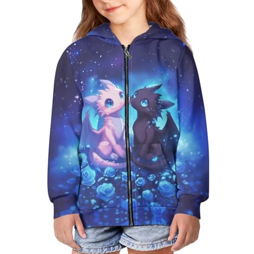 WELLFLYHOM Dragon Rose Sweater for Kids Girls Size 11-13 Zipper Hoodie Graphic Sweatshirt Jackets with Kangaroo Pocket Long Sleeve Full Zip Top