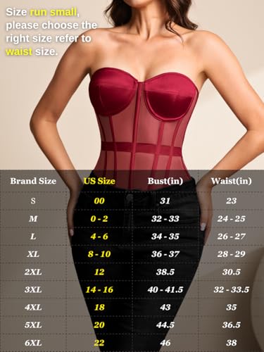 Image of Kaei&Shi Sheer Mesh Overbust Corset,Sexy Strapless Lace Up Satin Bra Corsets Top For Women Shapewear