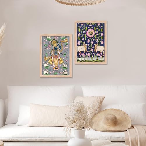 Image of kotart Traditional Indian Wall Art Painting Set of 2 | Kamdhenu Cow Design | MDF Wooden Framed Spiritual Wall Decor for Living Room, Pooja Room & Home (Art 7, 13x17 inch)