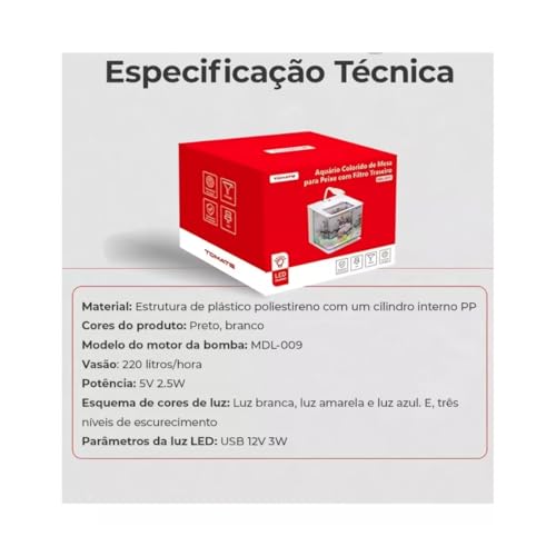 Aquário de Mesa com Luz LED, Bomba de Água, Decorações Coloridas com Filtro Traseiro (Preto)