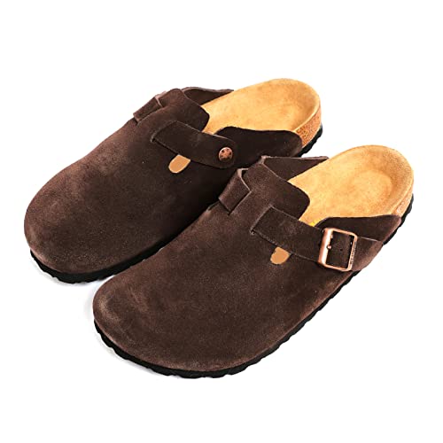 Klukge Boston Clogs For Men, Women‘s Suede Soft Leather Clogs Adjustable Buckle Cork Non-Slip Slippers Home Sandals Unisex Shoes(Dark Brown Uk 10.5) #TOP1