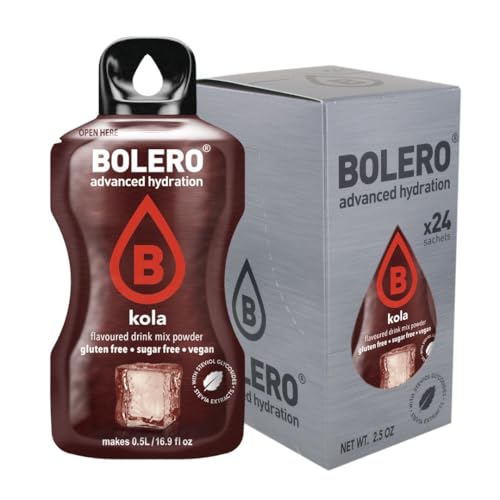 Bolero KOLA 24x3g | Jus en poudre sans sucre, édulcoré à la stévia + vitamine C | pour enfants et sportifs | sans gluten, végétalien | le goût du cola