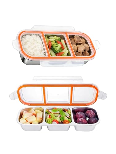 2 Pack 3-Compartment Large Capacity Stainless Steel Food Container, Leak-Proof & Dishwasher Safe, Ideal for Snacks, Dips, Travel and Camping
