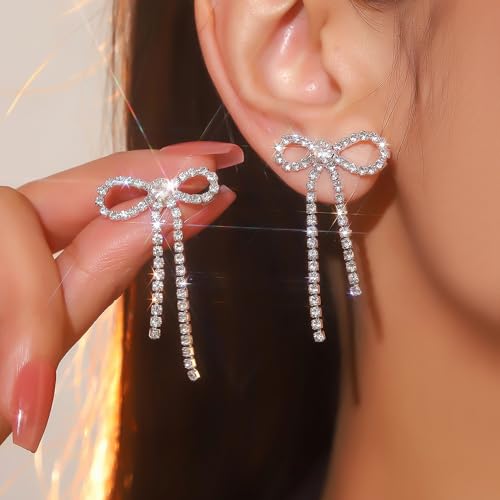 Suofrun Bow Earrings for Women Rhinestone Long Tassel Earrings Ribbon Bow Drop Earring Silver Stainless Steel Dangle Earrings Cute Sparkly Jewelry (Style 1) by suofrun - Image 2