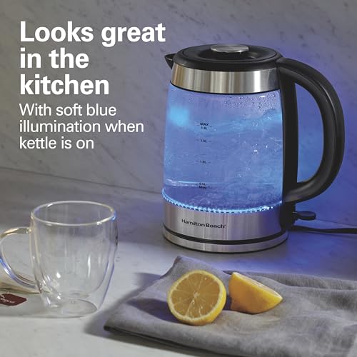 Image of Hamilton Beach 1.8 Liter Electric Tea Kettle, Water Boiler & Heater | Fast Boiling 1500 Watts | BPA Free | Cordless Serving | Auto-Shutoff & Boil-Dry Protection | Blue LED | Clear Glass