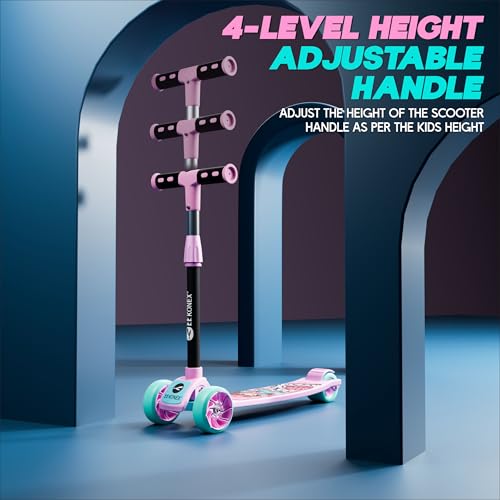 Image of Konex Kick Scooter for Kids (2+ Years) | 3 Broad Rubber Wheels for Smooth Ride | 4-Level Height Adjustable Handle | Foldable & Portable with Back Brake (Pink-Sea Green, ECO)