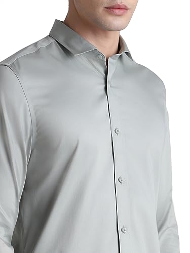 Image of Jack & Jones Men's Cotton Slim Fit Solid Opaque Checked Spread-Collar Casual Shirt