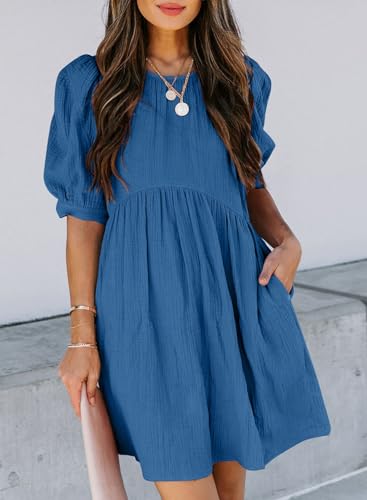 Image of Dokotoo Womens Summer Crewneck Puff Sleeve Babydoll Elegant Empire Waist Mini Swing Skater Dresses with Pockets