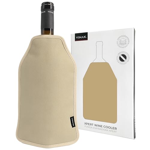VINAK - Refrigeratore per Vino XPERT | Manicotto raffreddatore per bottiglie di vino | Gel di qualità antigelo | Realizzato con 5 strati isolanti | Fascia elastica anticaduta (XPERT Beige - Oro)