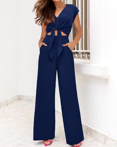Image of PRETTYGARDEN Women's Summer 2 Piece Outfits 2026 Cap Sleeve V Neck Belted Crop Tops Wide Leg Pant Sets Casual Tracksuit
